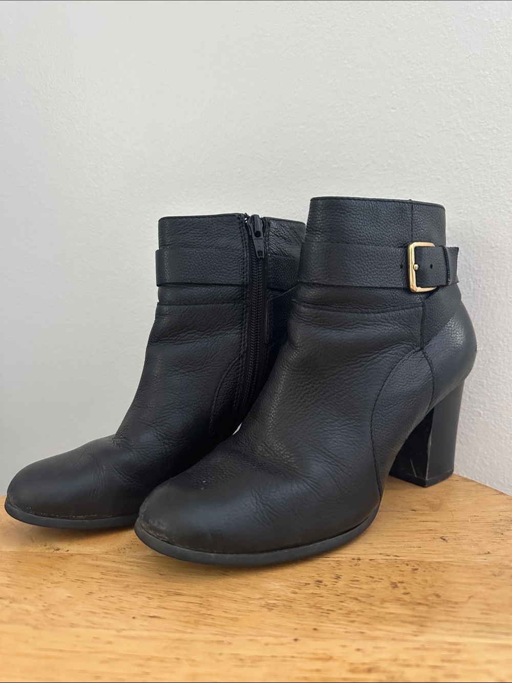 Cole Haan Black Leather Ankle Booties with Gold Buckle